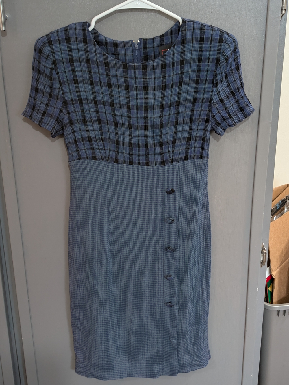 Vtg 90s J.S.J. Plaid Gingham Combo Mini Dress Blue Black Grunge Clueless 4P XS